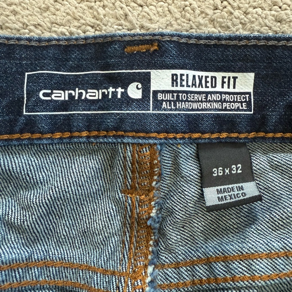 Carhartt Relaxed Fit Jeans Mens 36x32 Dark Wash Blue Denim Workwear Straight Leg - Picture 9 of 12